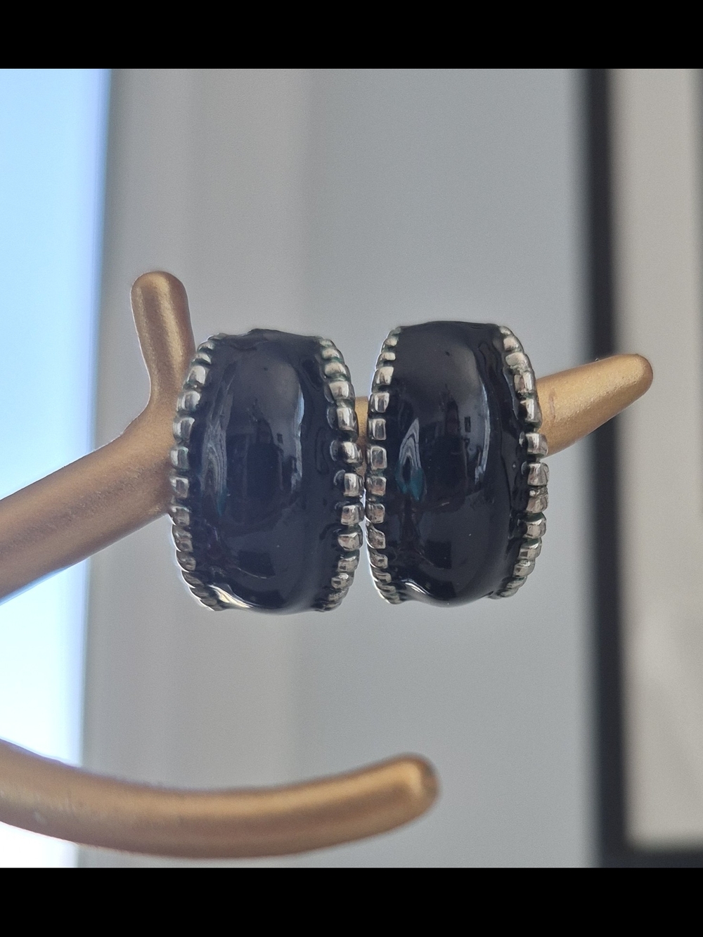Black Enamel Hoop Earrings with Silver Beaded Edge